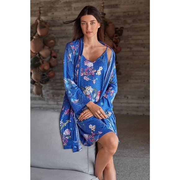 Johnny Was Revive Blue Floral Long Sleeve Sleep Wear Robe Home Lounge Flower New - Picture 5 of 9